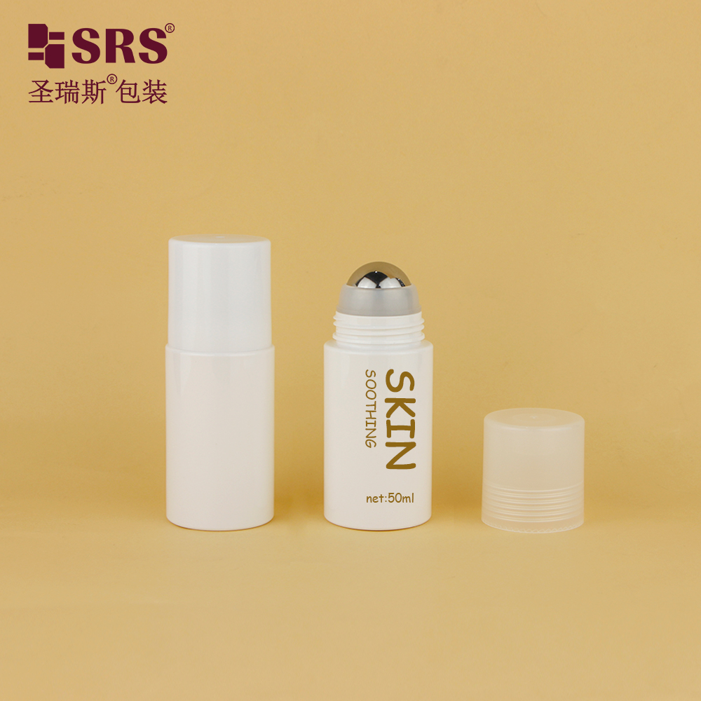 Empty Glossy White Colored Refillable PET Plastic Personal Care Deodorant Bottle With Big Steel Massage Roller Ball